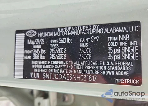 2022 Hyundai Santa Cruz Sel z USA, uszkodzony, nr VIN 5NTJCDAE3NH031817